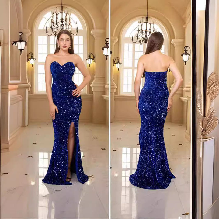 Damen glamouröses Abendkleid mit schulterfreiem Design und schimmernden Pailletten Drune