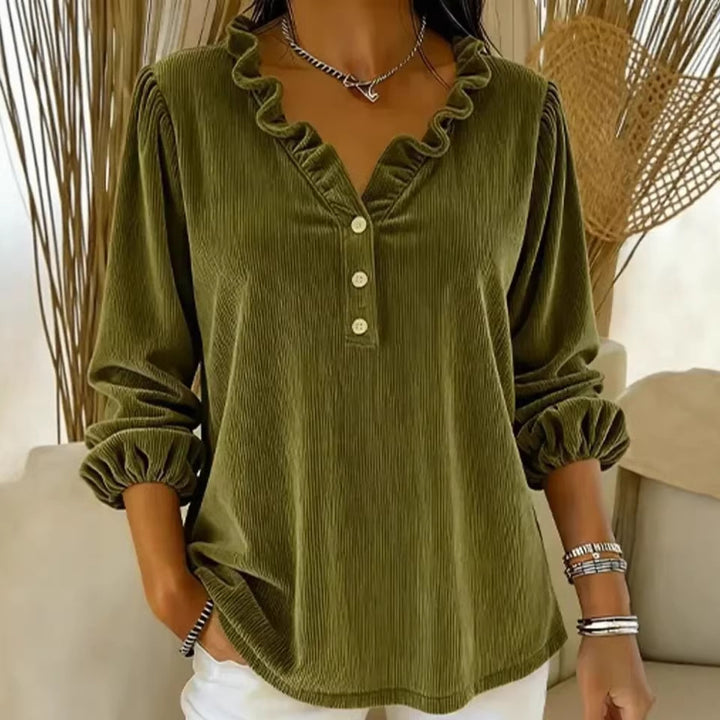 Damen Rüschbluse mit Knopfleiste und 3/4-Ärmeln Drune