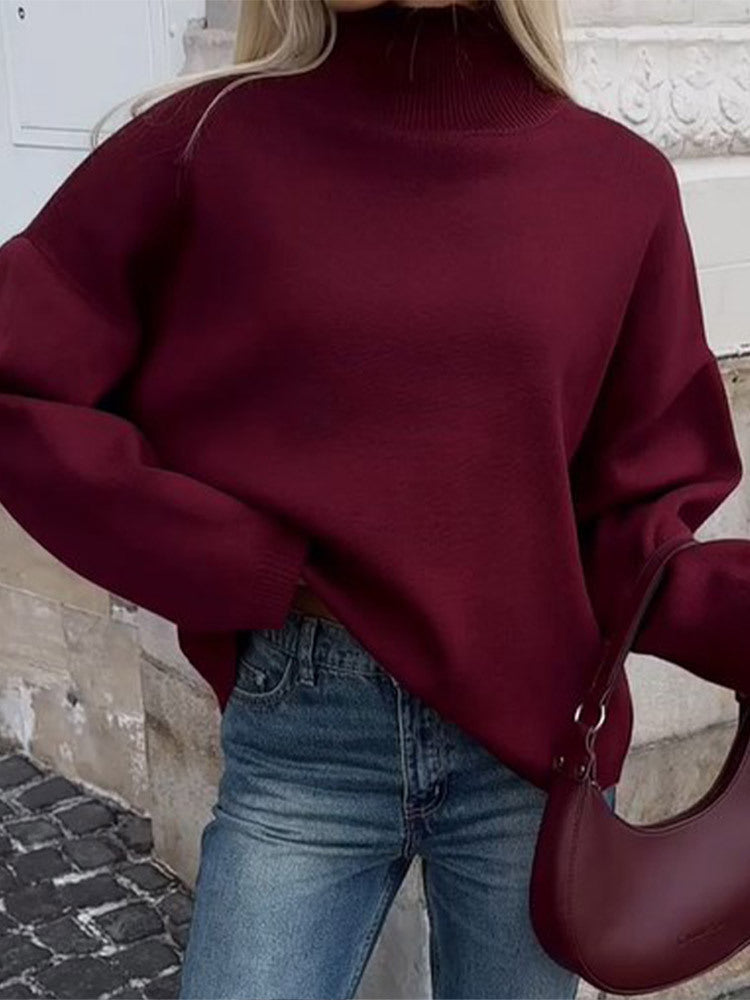 Damen Oversized Pullover mit hohem Kragen aus hochwertiger Baumwolle Drune