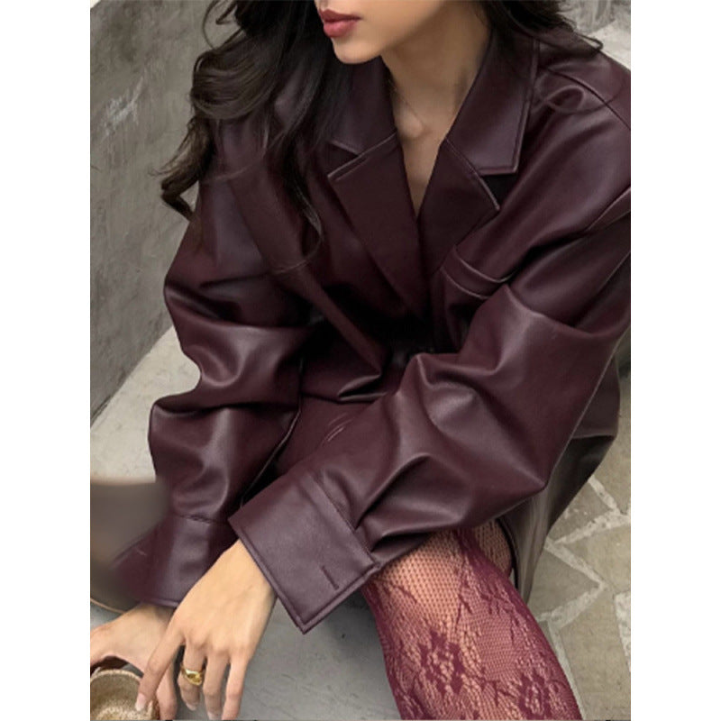 Damen Kunstlederjacke im modernen Oversize-Stil Drune