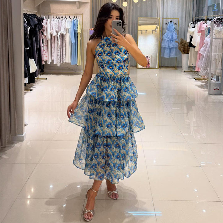Damen Maxikleid mit transparenten Schichten und floralem Design Drune