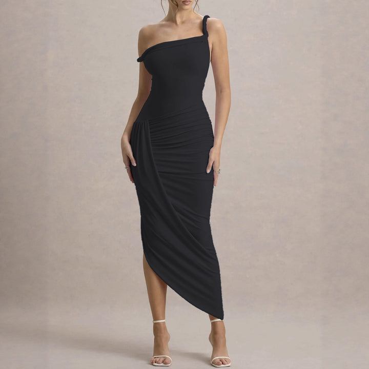 Damen elegantes asymmetrisches Maxikleid mit Raffungen Drune