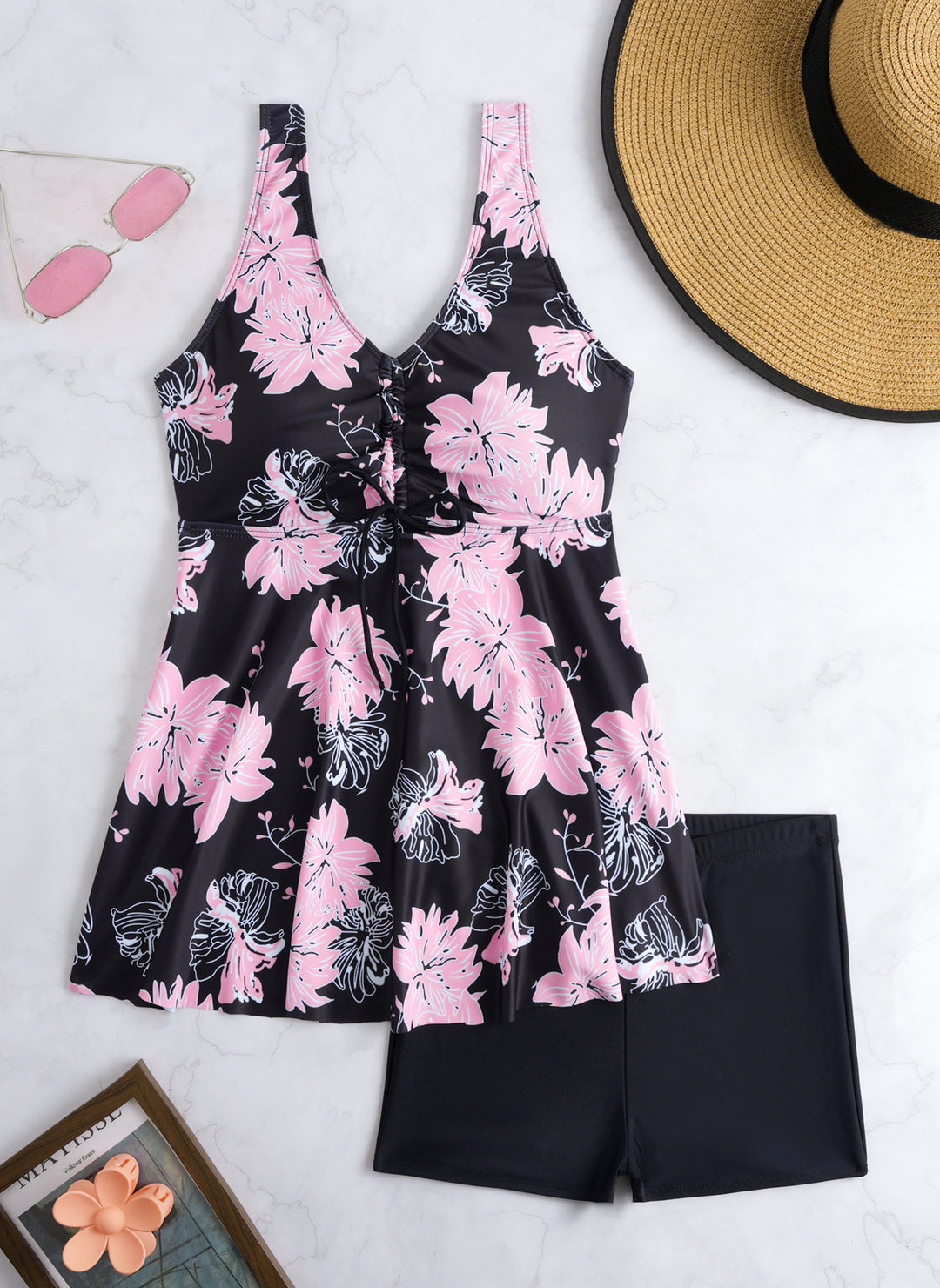 Damen Tankini mit floralem Wickeldesign und bequemen Shorts Drune