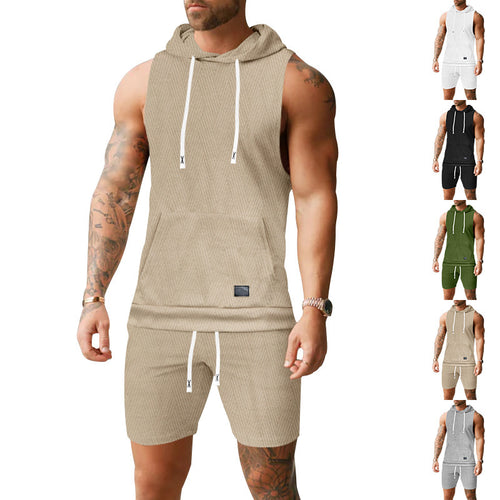 Herren nan ärmelloses Kapuzenweste-Set aus strukturiertem Baumwollmix mit Kängurutasche und Tunnelzug-Shorts Drune