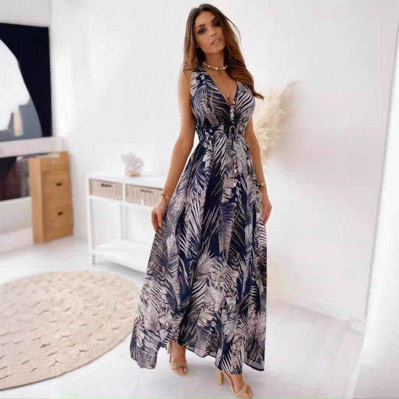 Damen Maxikleid mit floralen Mustern und tailliertem Oberteil Drune