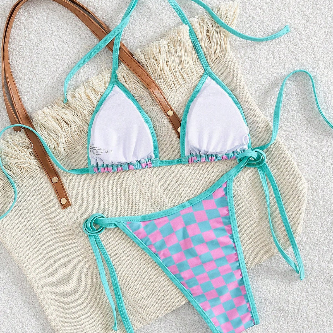 Damen Triangel-Bikini mit Karomuster und raffinierten Bindebändern Drune