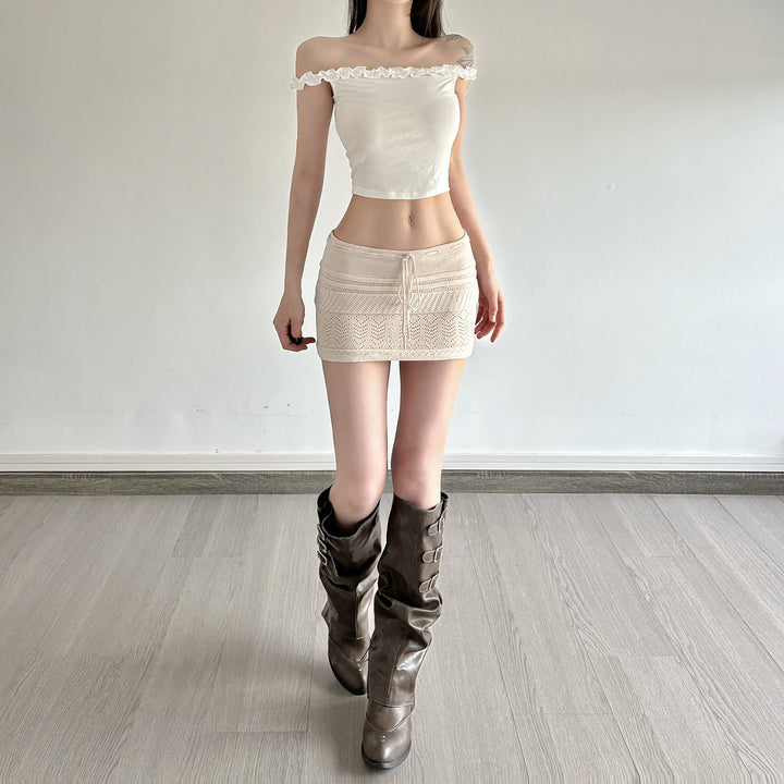 Damen Mini-Strickrock mit luftiger Häkelstruktur und verstellbarem Bund Drune