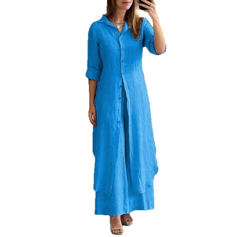 Damen nan langes Leinen-Hemdblusenkleid mit durchgehender Knopfleiste, Hemdkragen und dezentem A-Linien-Schnitt Drune