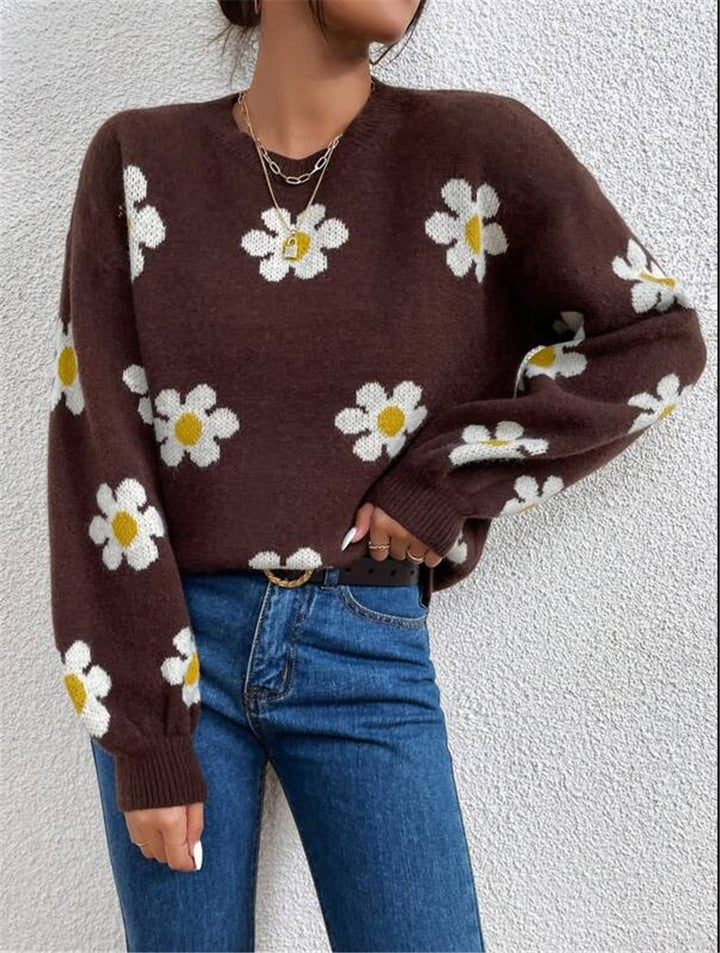 Damen Strickpullover mit verspieltem Blumenmuster und eleganten Puffärmeln Drune