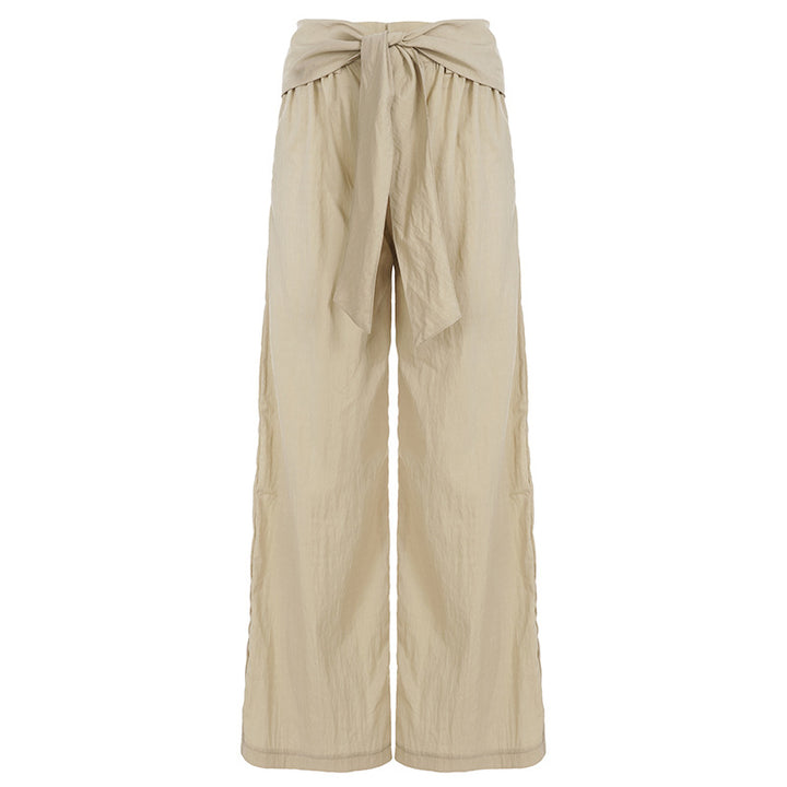 Damen nan Highwaist Leinenhose mit weitem Bein und dekorativem Bindegürtel Drune
