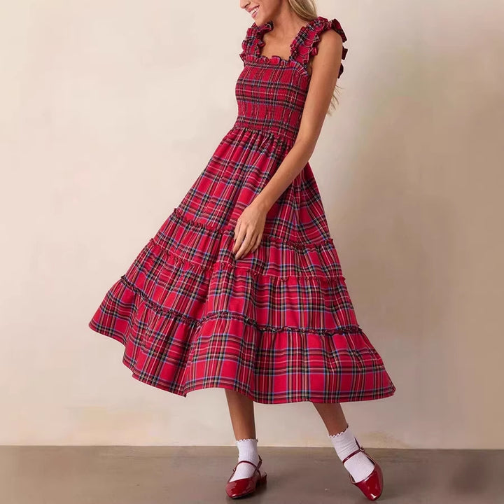 Damen Maxikleid mit voluminösen Rüschendetails und klassischen Karo-Muster Drune