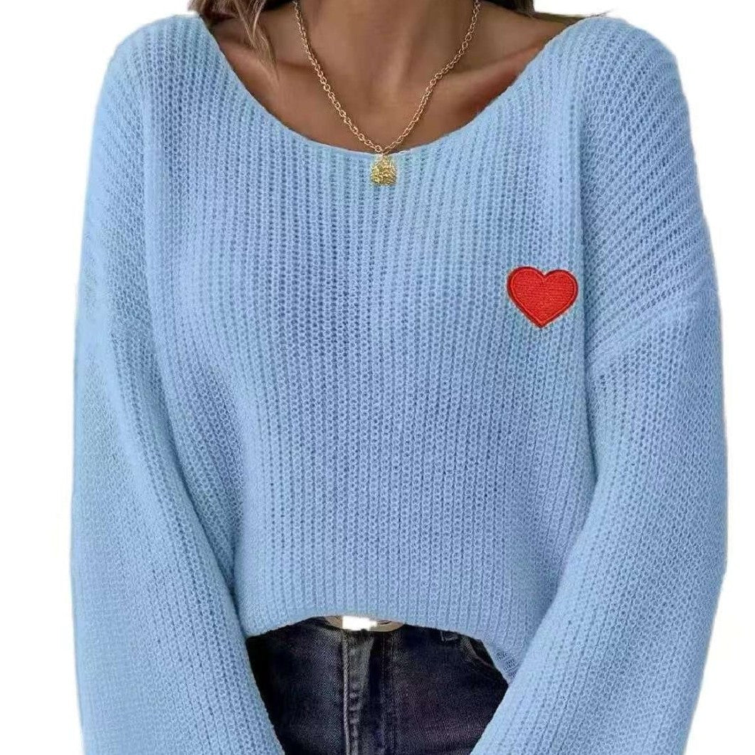 Damen Lockere Strickpullover mit Herzapplikation Drune