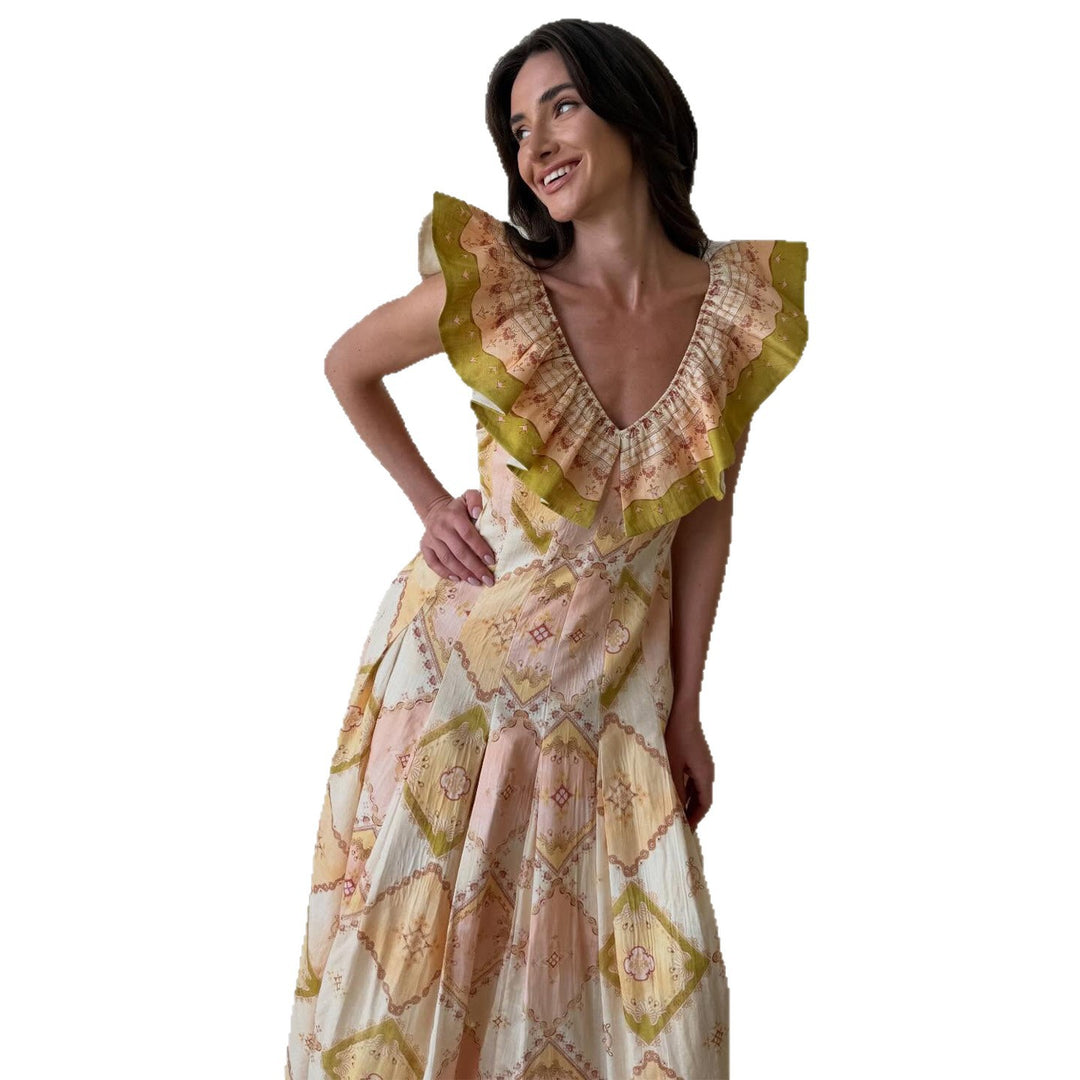 Damen Maxikleid mit voluminösen Rüschendetails und elegantem V-Ausschnitt Drune