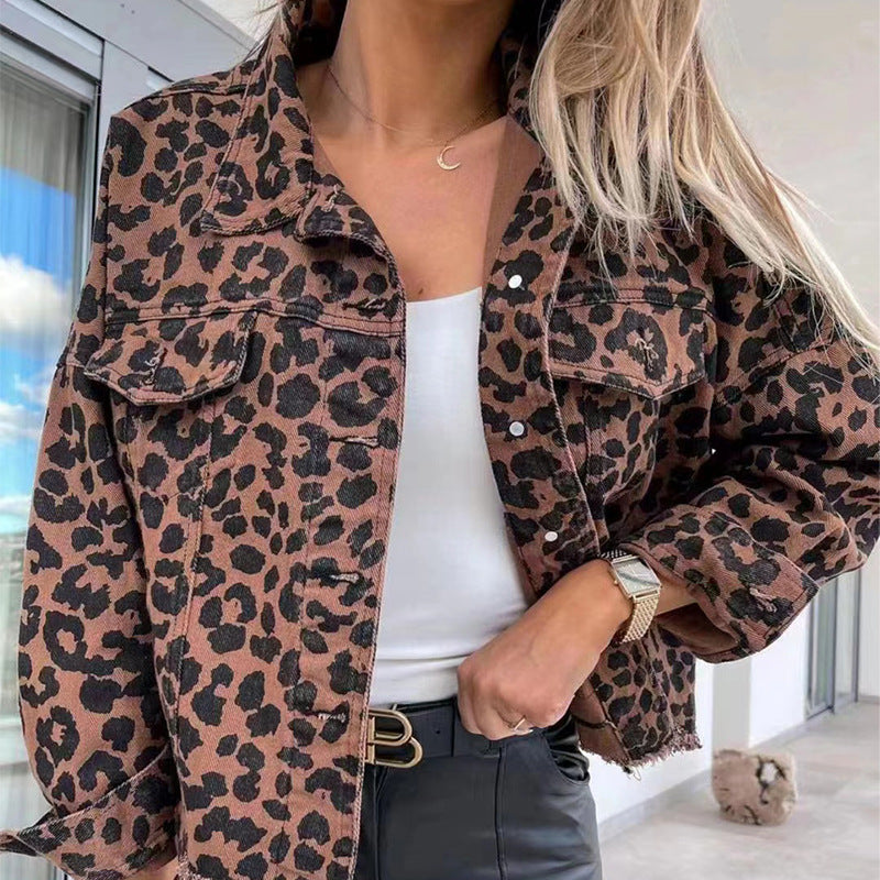Damen Denimjacke im Leo-Design mit lässigem Schnitt und Fransenabschluss Drune