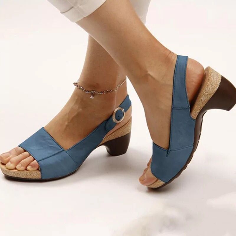 Damen nan Sandalette mit elastischem Fersenriemen ergonomischem Kork-Komfortfußbett und niedrigem geschwungenem Absatz Drune