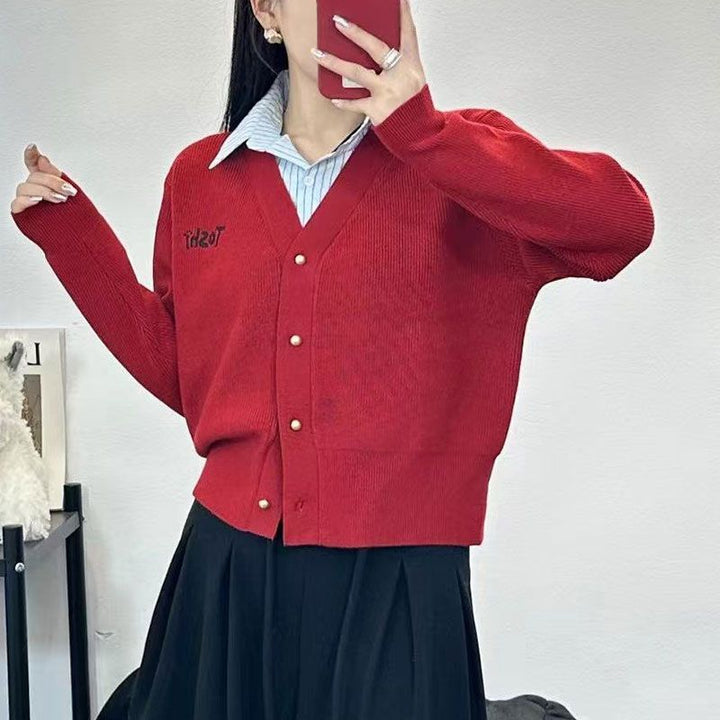Damen lässige Strickjacke mit V-Ausschnitt und dekorativen Knöpfen Drune