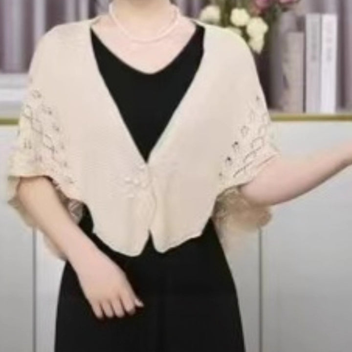Damen elegante Strickjacke mit Spitzenmuster und Perlenknöpfen Drune