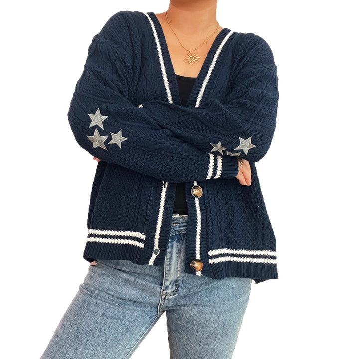 Damen gemütliche Strickjacke mit Sternen-Applikationen und modernen Details Drune
