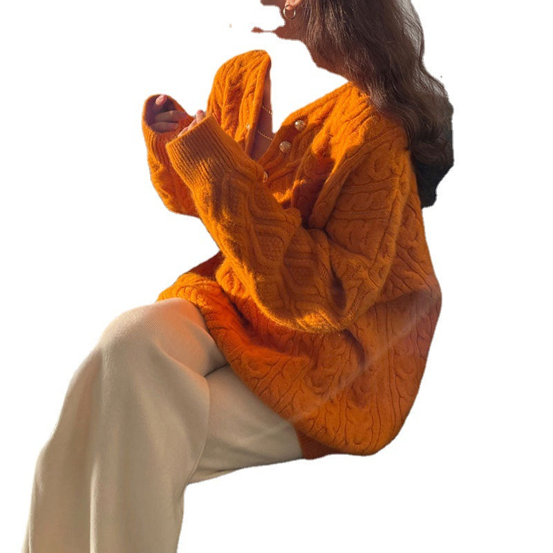 Damen Grobstrickpullover mit dekorativem Knopfverschluss und V-Ausschnitt Drune