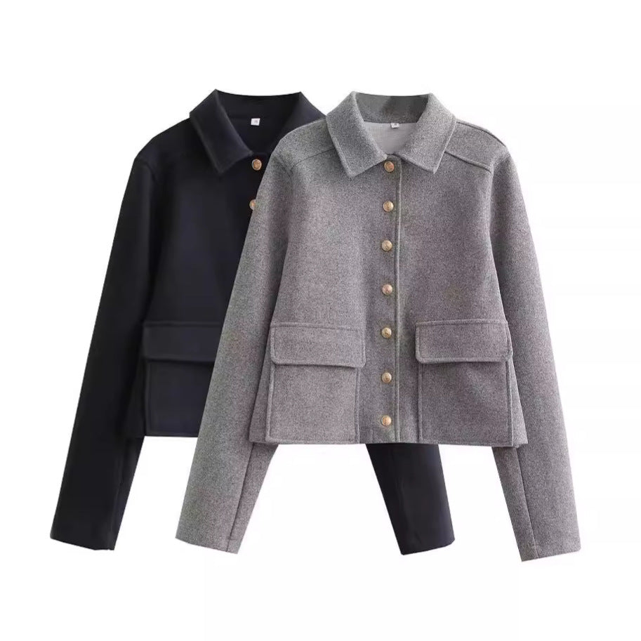 Damen modische Kurzjacke aus strukturiertem Wollmaterial mit praktischen Pattentaschen Drune
