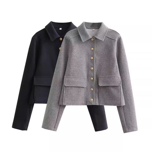 Damen modische Kurzjacke aus strukturiertem Wollmaterial mit praktischen Pattentaschen Drune