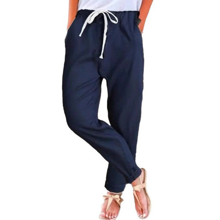 Damen elegante Freizeithose mit elastischem Bund und Bindegürtel Drune