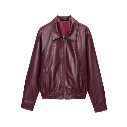 Damen modische Kunstlederjacke mit elastischem Bund und Stehkragen Drune