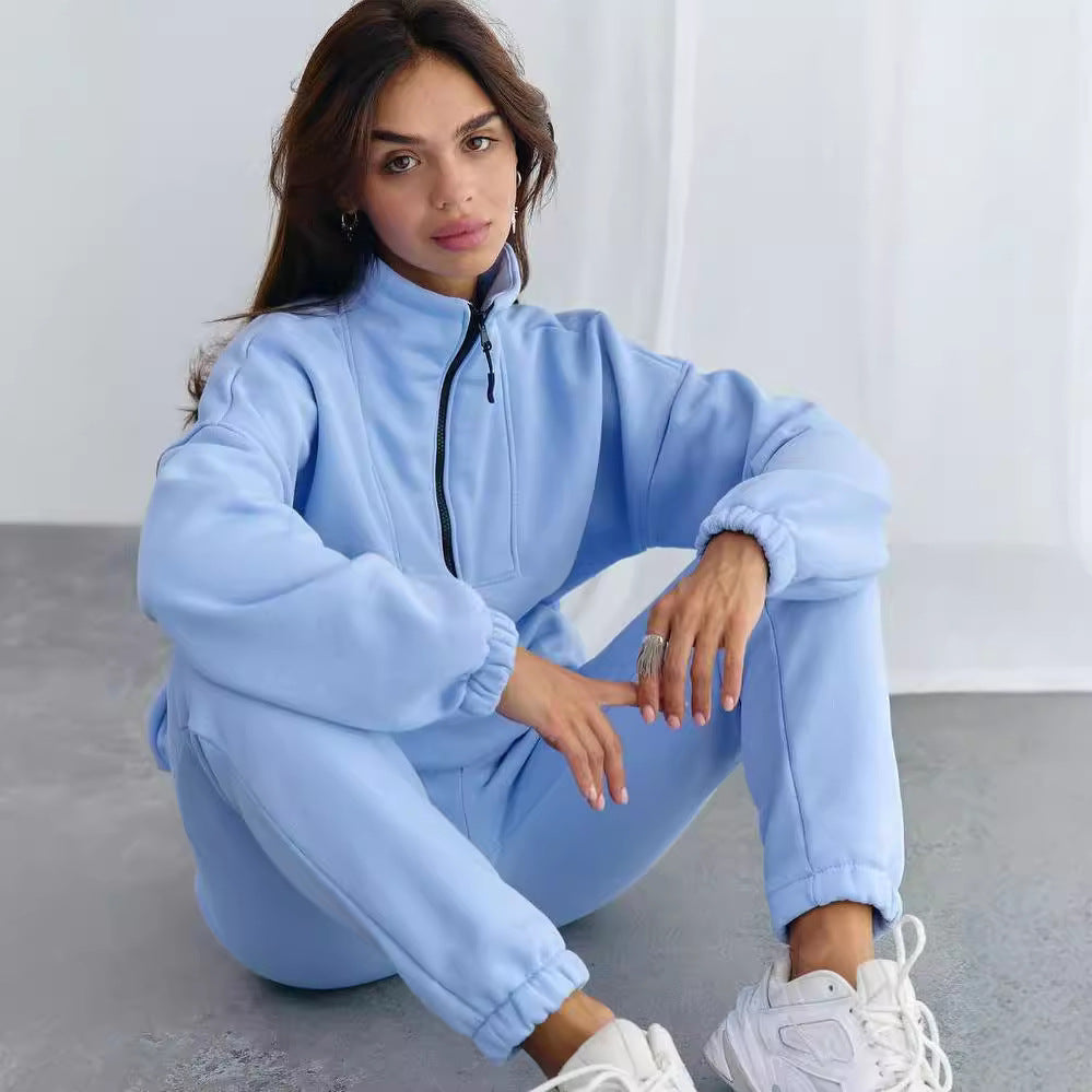 Damen Sportlicher Fleece-Traininganzug mit halbem Reißverschluss und elastischen Bündchen Drune