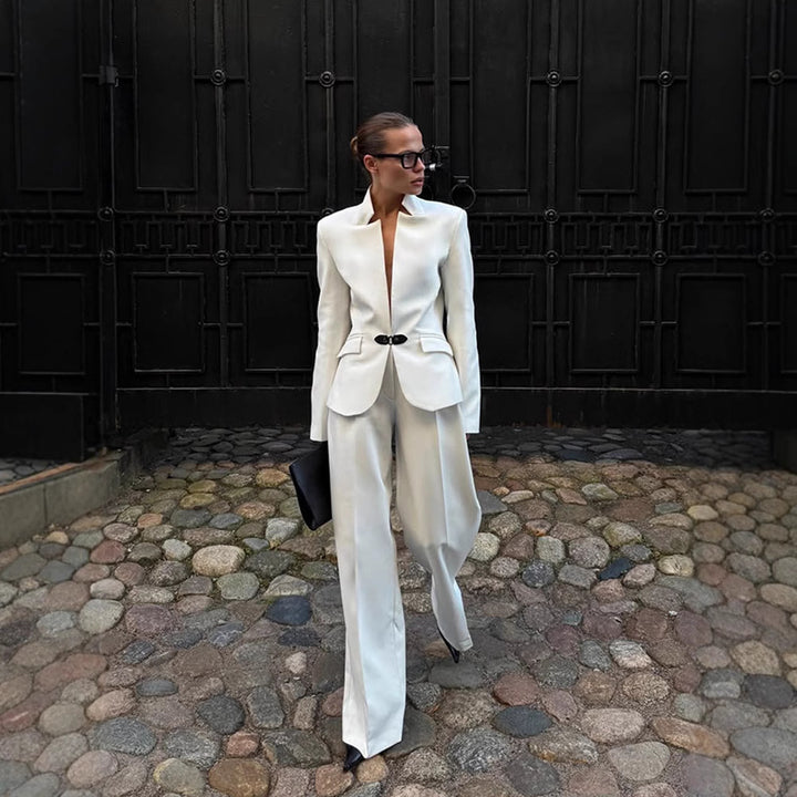 Damen elegantes Tailor-Anzug-Set mit minimalistischer Silhouette und tiefem Ausschnitt Drune