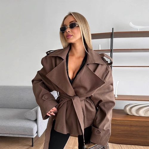 Damen modische Trenchjacke mit weitem Schnitt und Bindeband Drune