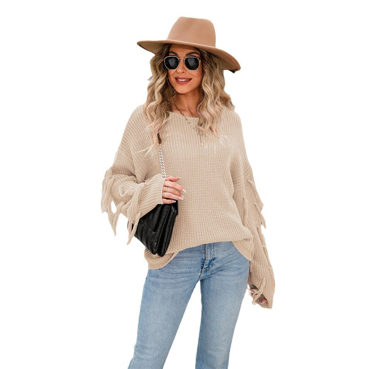 Damen lässiger Strickpullover mit Fransen und weitem Schnitt Drune