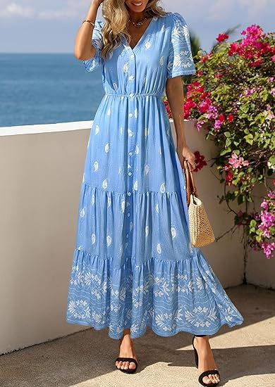Damen Boho Maxikleid mit floralen Prints und Taillengürtel Drune