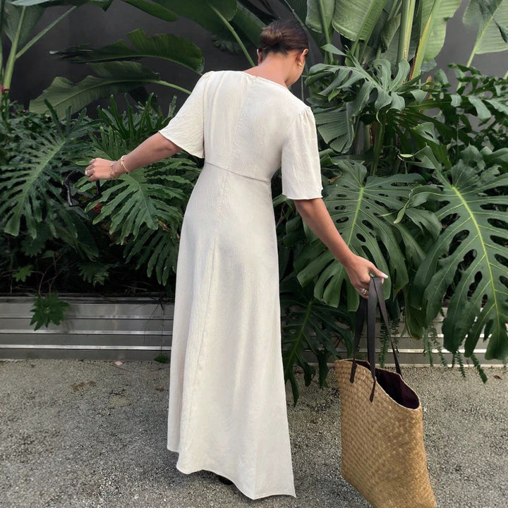 Damen Maxikleid mit fließenden Ärmeln und V-Ausschnitt Drune