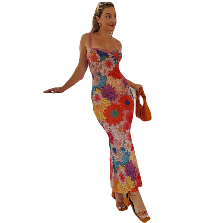 Damen Blumen-Midi-Kleid mit Spitzenträgern und figurbetontem Schnitt Drune