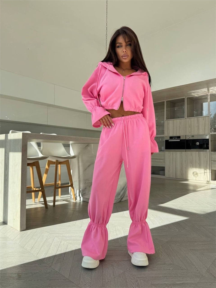 Damen Sportliches Zwei-Teiler-Set mit cropped Kapuzenpullover und weiten Hosen Drune