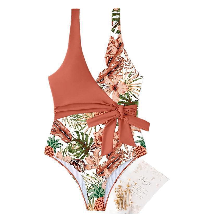 Damen Einteiler Badeanzug mit floralem Wickeldesign und dekorativer Schleife Drune