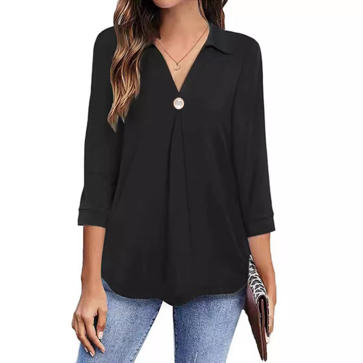 Damen Langarm Bluse mit elegantem V-Ausschnitt und dekorativen Falten Drune