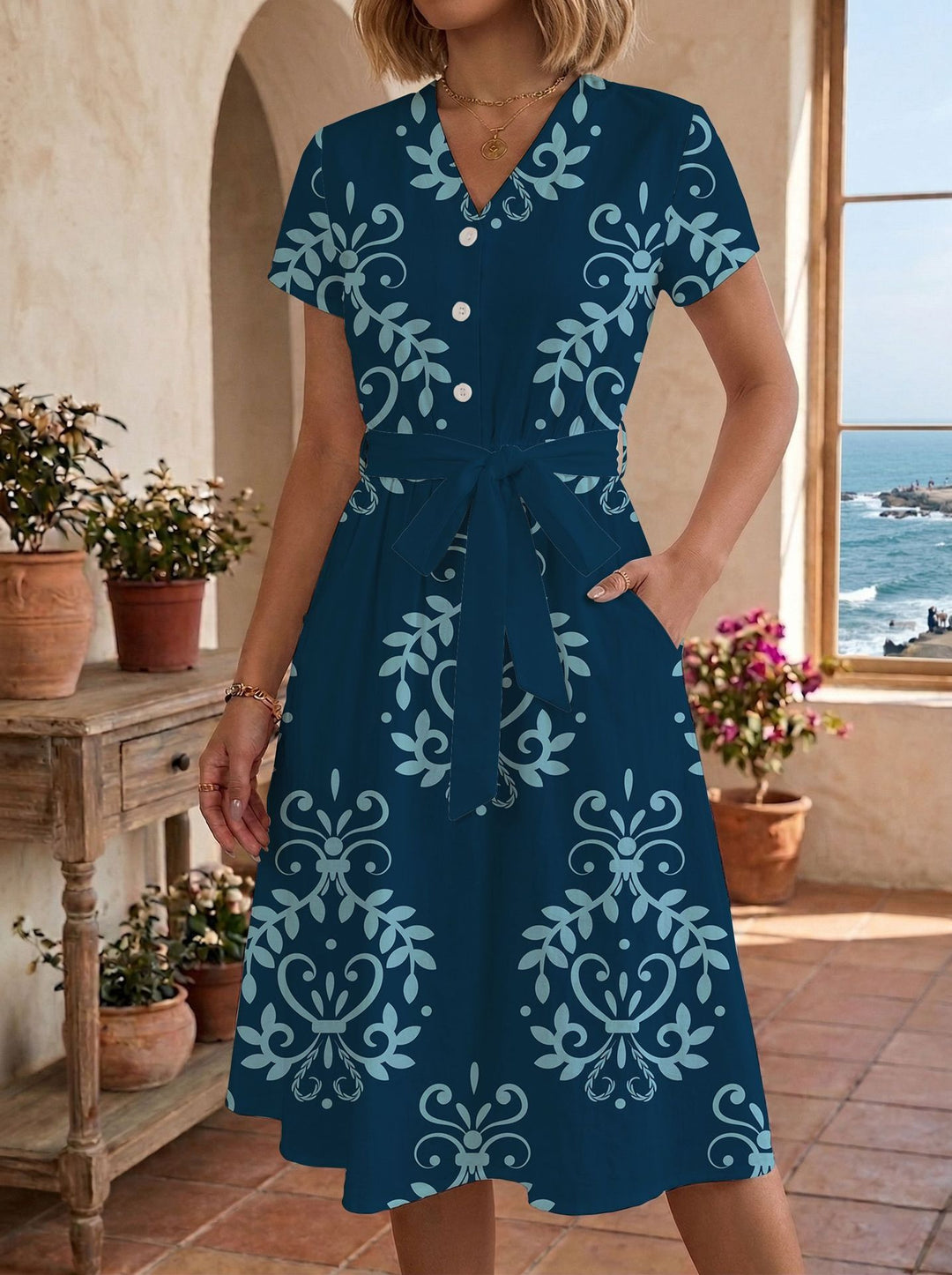 Damen Sommerliches Kleid mit taillierbarem Bindegürtel und floralem Muster Drune
