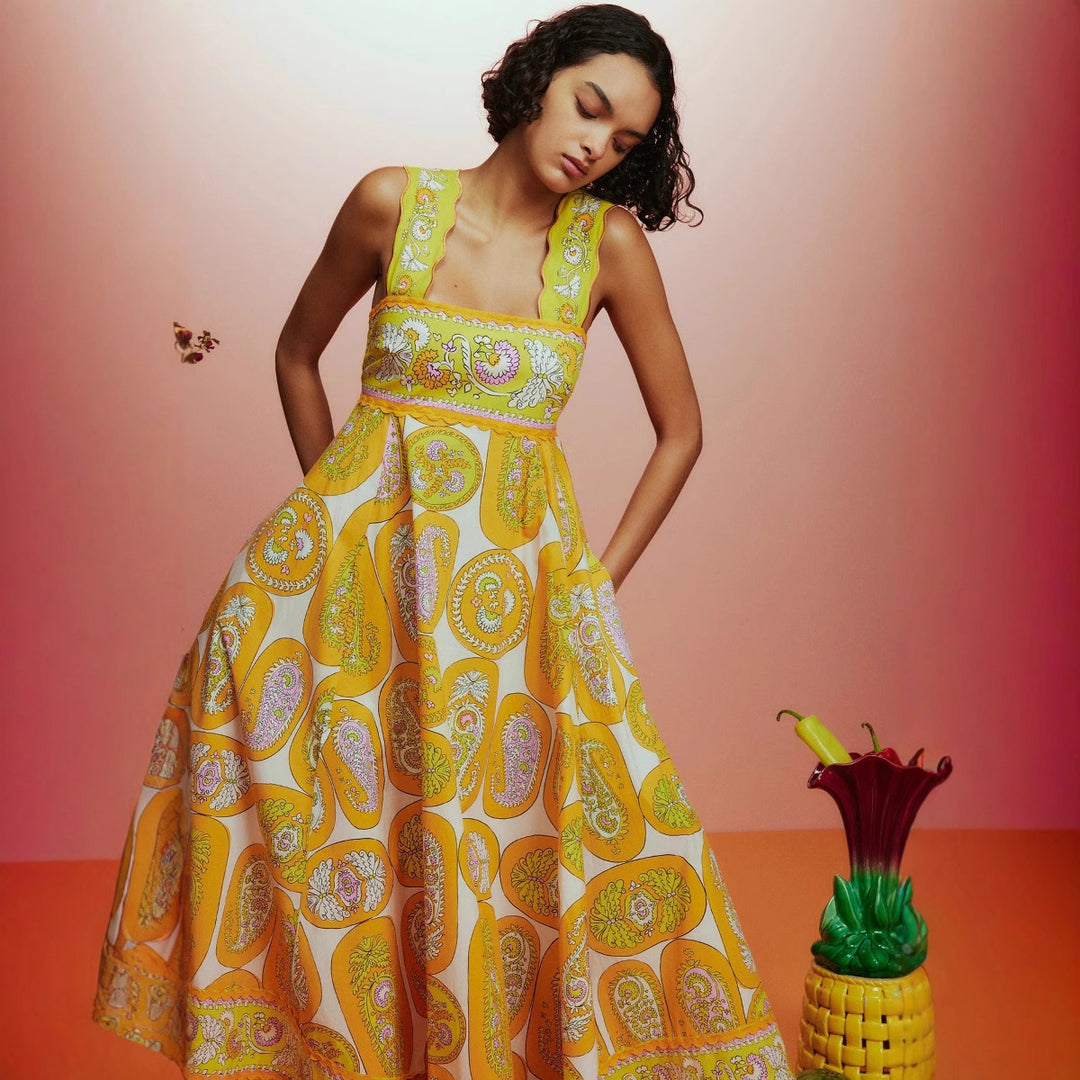 Damen Maxikleid mit verspieltem Paisley-Design und schmalem Taillengürtel Drune