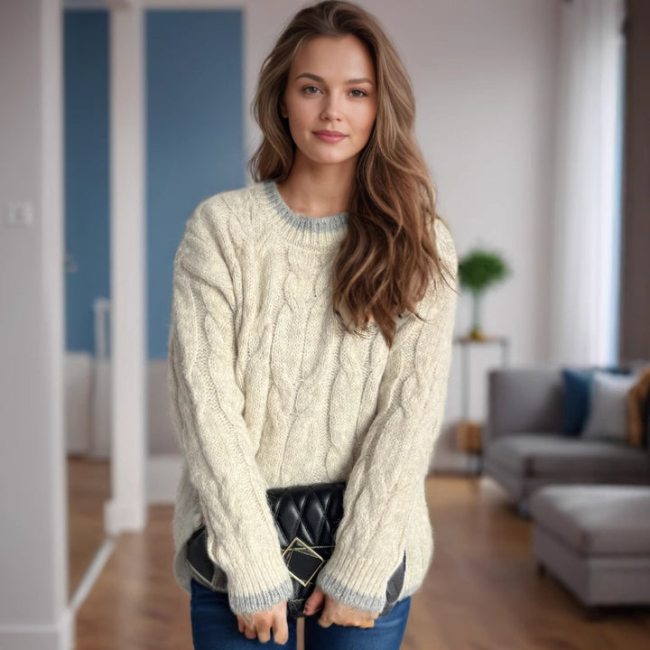 Damen Grobstrickpullover mit Zopfdesign und großzügigem Fall Drune