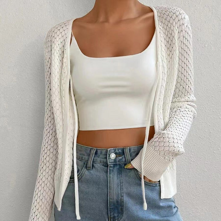 Damen Strickjacke mit tiefer V-Öffnung und zartem Lochmuster Drune