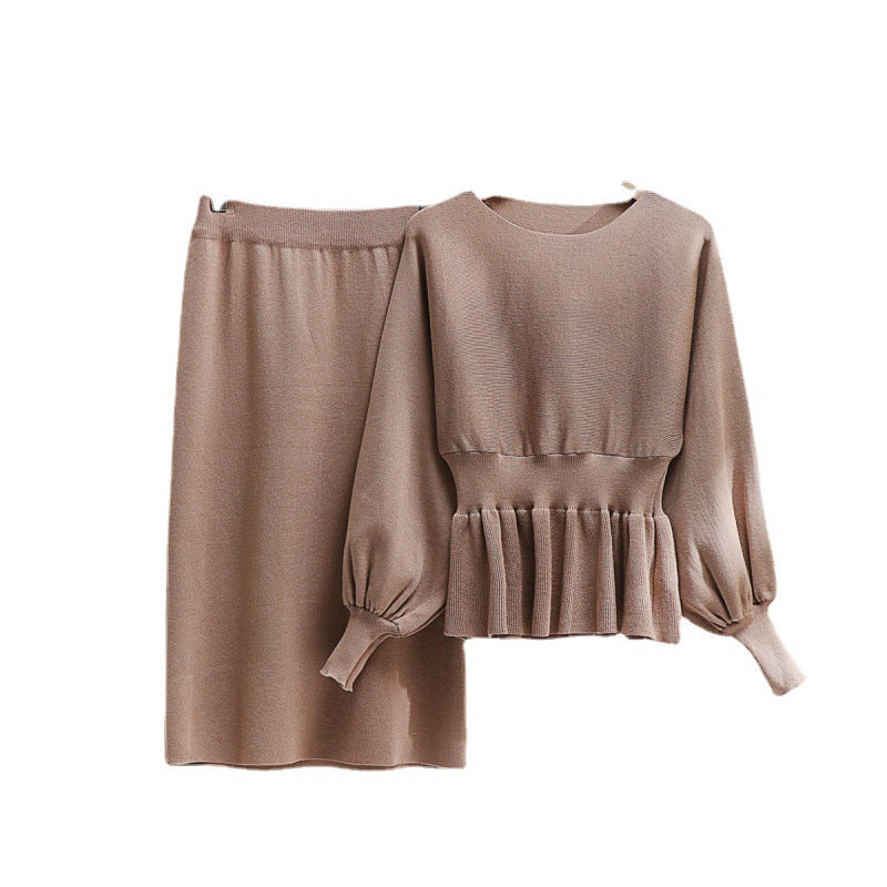 Damen elegantes Strickensemble mit Raffung und Ballonärmeln Drune