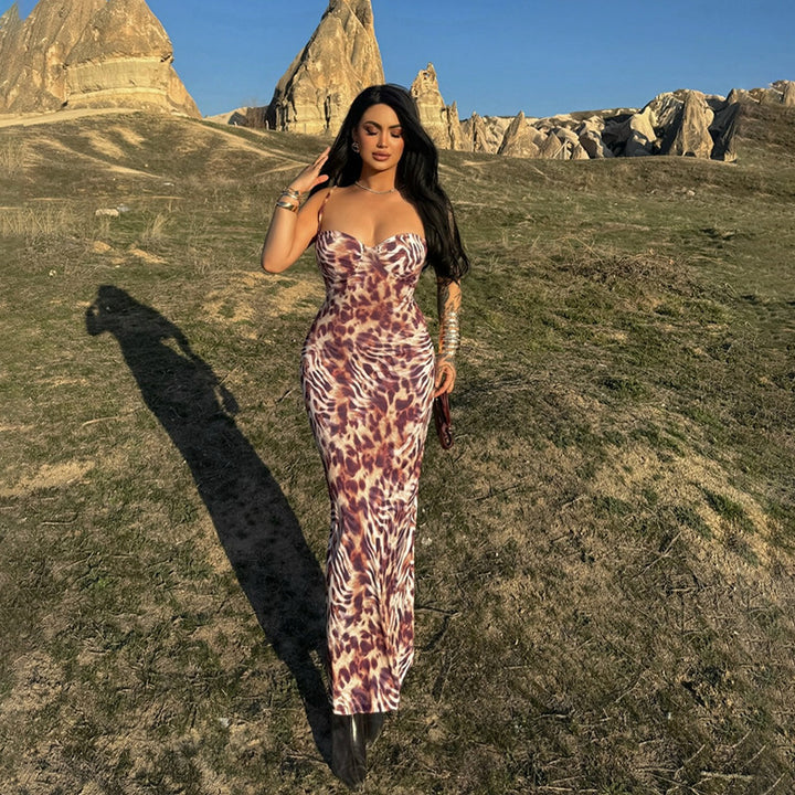 Damen Lange Leoprint-Maxi-Kleid mit trägerlosem Design und figurbetontem Schnitt Drune