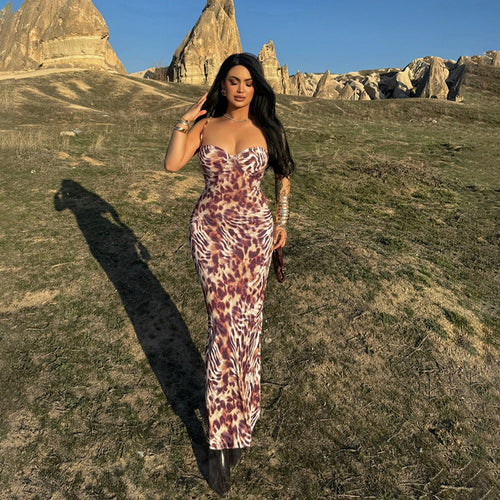 Damen Lange Leoprint-Maxi-Kleid mit trägerlosem Design und figurbetontem Schnitt Drune