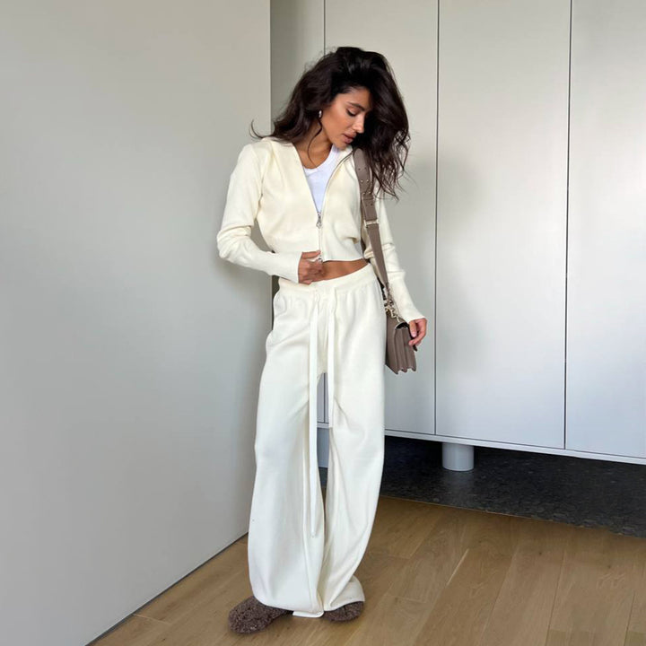 Damen Lässiges Strick-Set mit cropped Jacke und weitem Hosenstil Drune