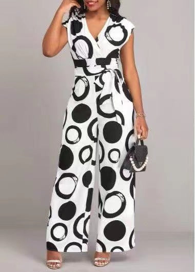 Damen Jumpsuit mit modernem Kreismuster und Gürtel Drune