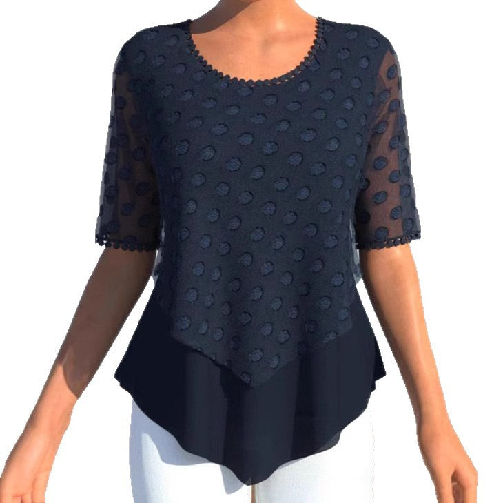 Damen nan Tüllbluse mit bestickten Punkten, halbtransparenten Ärmeln und asymmetrischem Stufensaum Drune