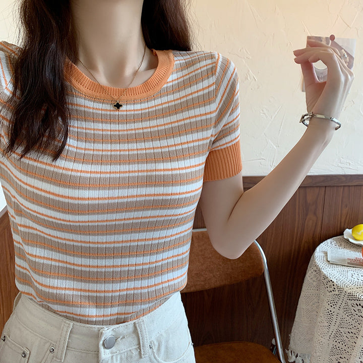 Damen Kurzarm Shirt mit modischem Streifenmuster und elastischem Saum Drune