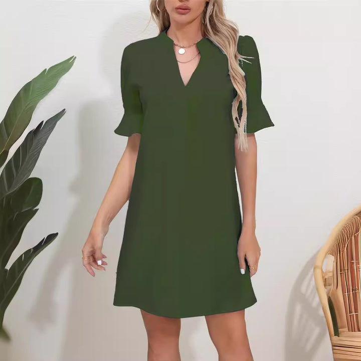 Damen elegantes kurzärmeliges Kleid mit V-Ausschnitt Drune