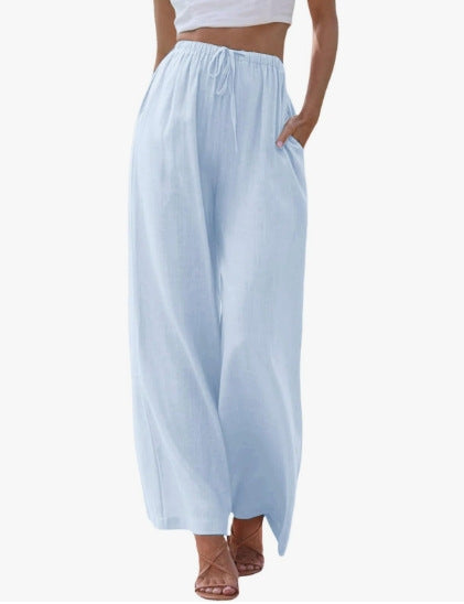 Damen nan weite Leinenhose mit elastischem Bund Kordel und Seitentaschen Drune